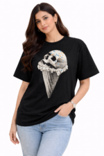 Shop the skull ice cream DTF printed T-shirt with a bold edgy design. Made from premium cotton jersey, comfortable, stylish, and perfect for everyday streetwear looks.