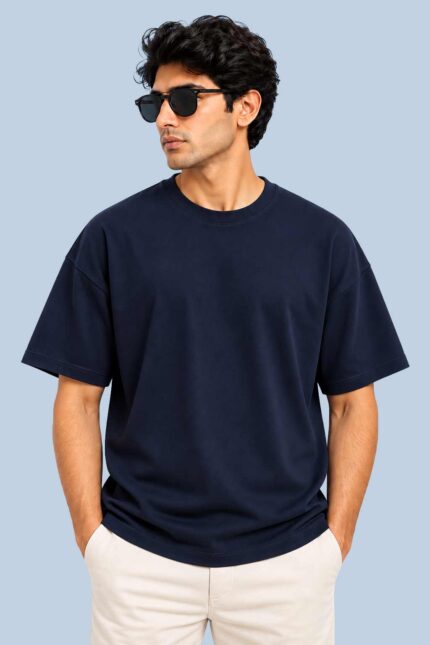 Plain Navy T-Shirt (Drop Shoulder)