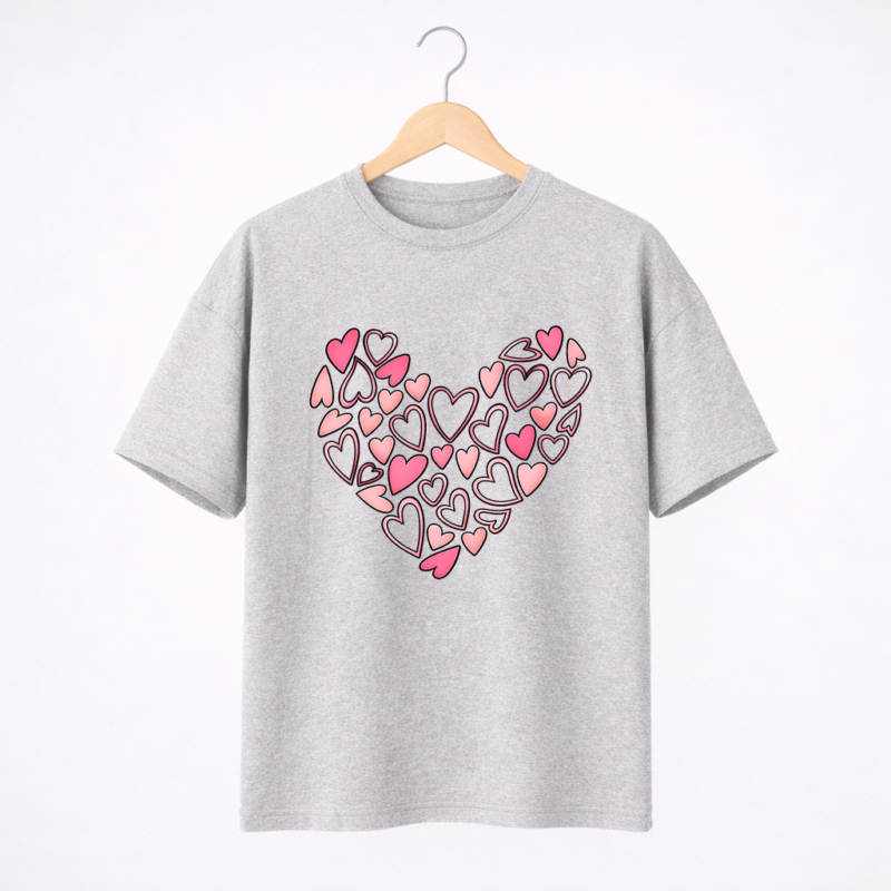Heart Pattern Graphic T-Shirt – DTF Printed Cute Love Tee