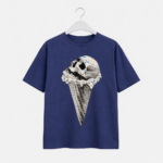 Shop the skull ice cream DTF printed T-shirt with a bold edgy design. Made from premium cotton jersey, comfortable, stylish, and perfect for everyday streetwear looks.