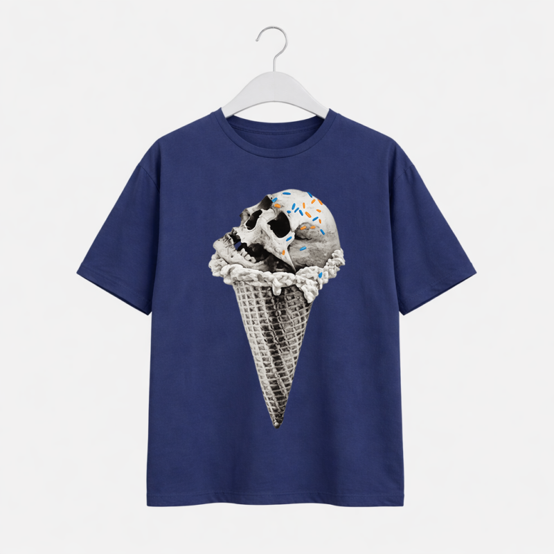Shop the skull ice cream DTF printed T-shirt with a bold edgy design. Made from premium cotton jersey, comfortable, stylish, and perfect for everyday streetwear looks.