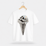 Shop the skull ice cream DTF printed T-shirt with a bold edgy design. Made from premium cotton jersey, comfortable, stylish, and perfect for everyday streetwear looks.