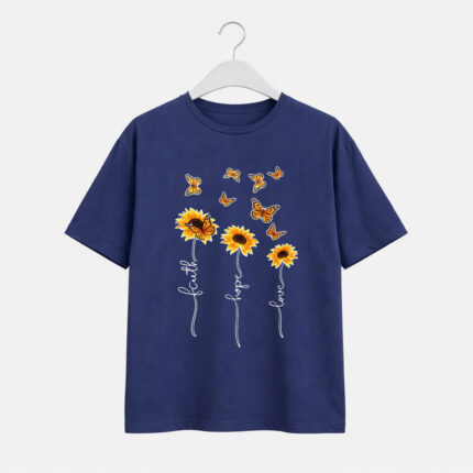 Faith Hope Love Sunflower Butterfly Graphic T-Shirt for Women