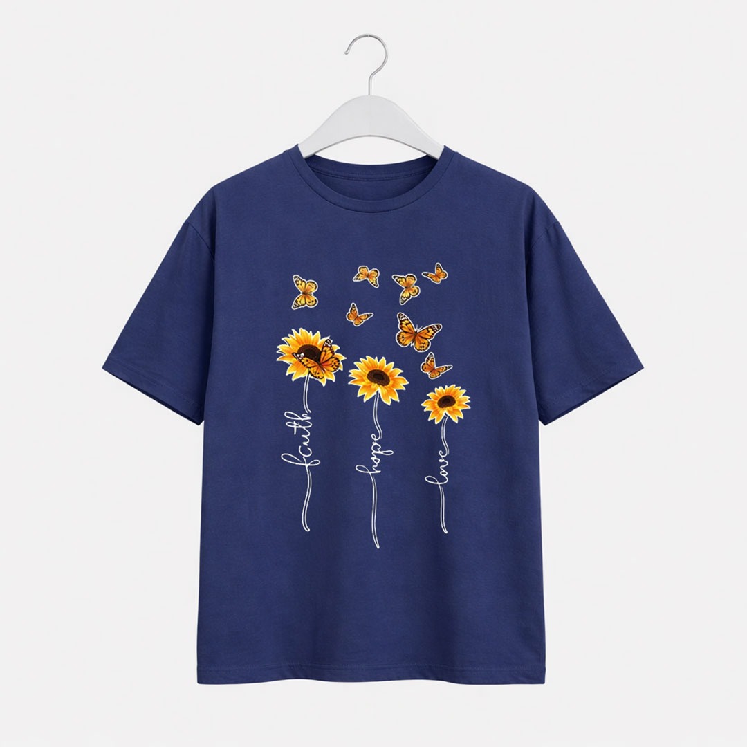 Faith-Hope-Love-T-Shirt-Navy Faith Hope Love Sunflower Butterfly Graphic T-Shirt for Women