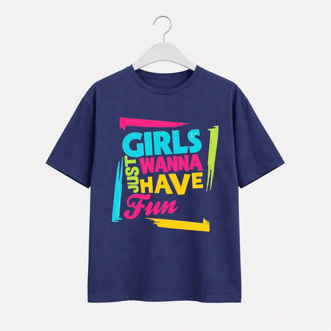 Girls-Fun-T-Shirt-Navy Girls Just Wanna Have Fun Typography Graphic T-Shirt for Women