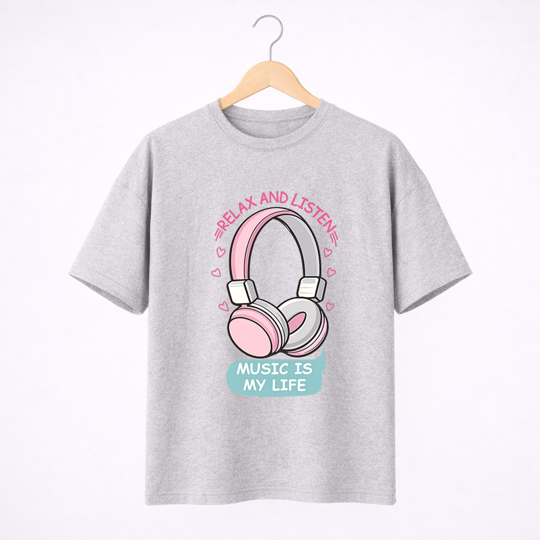 Music-Life-T-Shirt-Grey Cute Music Headphones Heart Graphic T-Shirt for Women