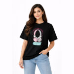 Cute Music Headphones Heart Graphic T-Shirt for Women
