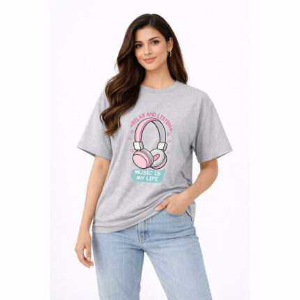 Cute Music Headphones Heart Graphic T-Shirt for Women