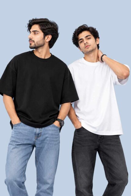 Black & White T-Shirt Pack – 2 Cotton Tees (Drop Shoulder)