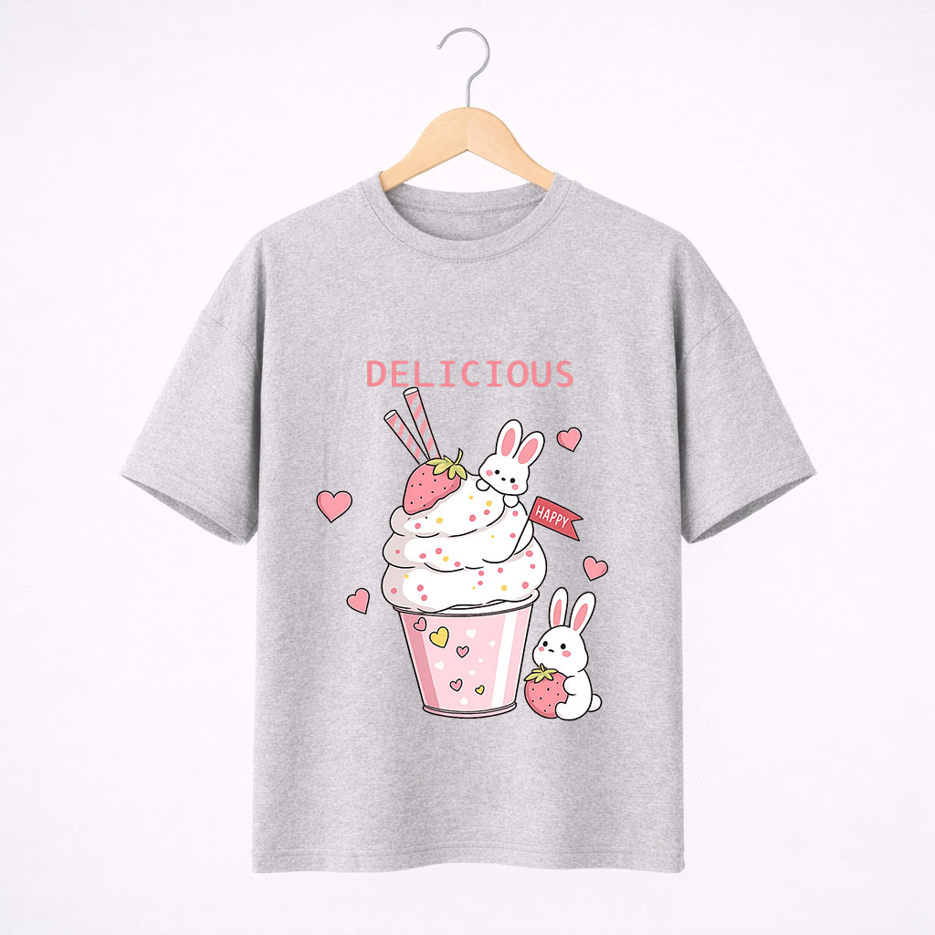 D-Grey-Front Delicious Bunny Graphic T-Shirt for Women