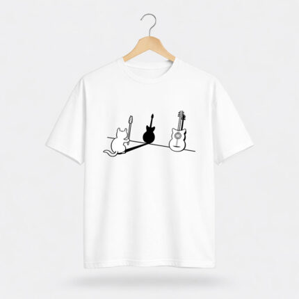 Cat & Guitar Minimal Graphic T-Shirt for Women