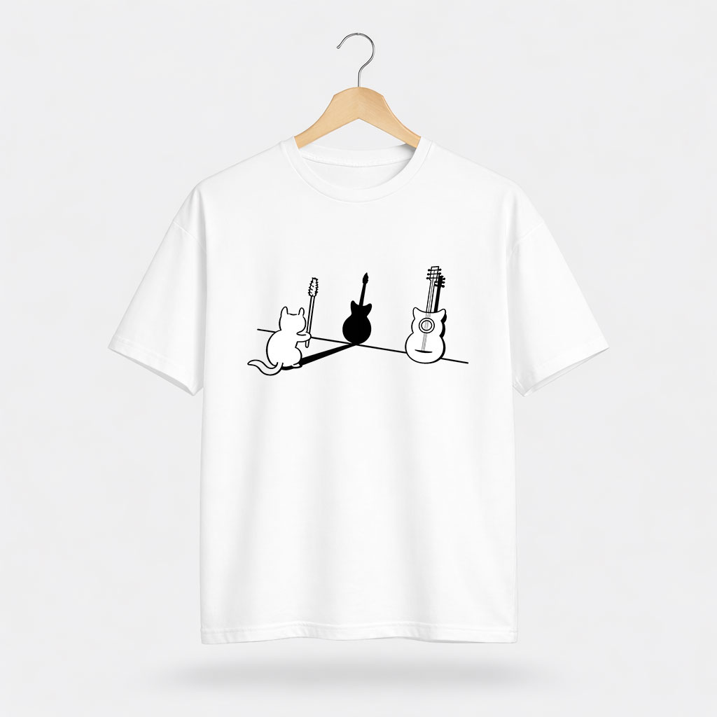D-White-Front Cat & Guitar Minimal Graphic T-Shirt for Women