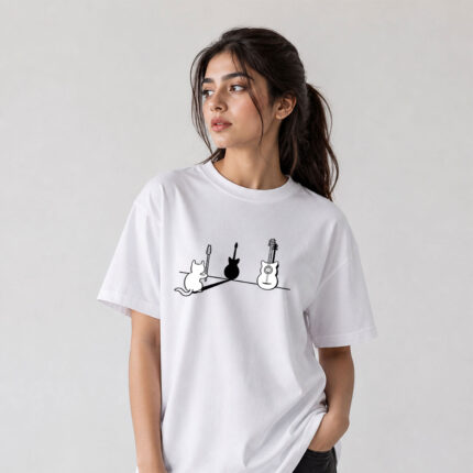 Cat & Guitar Minimal Graphic T-Shirt for Women