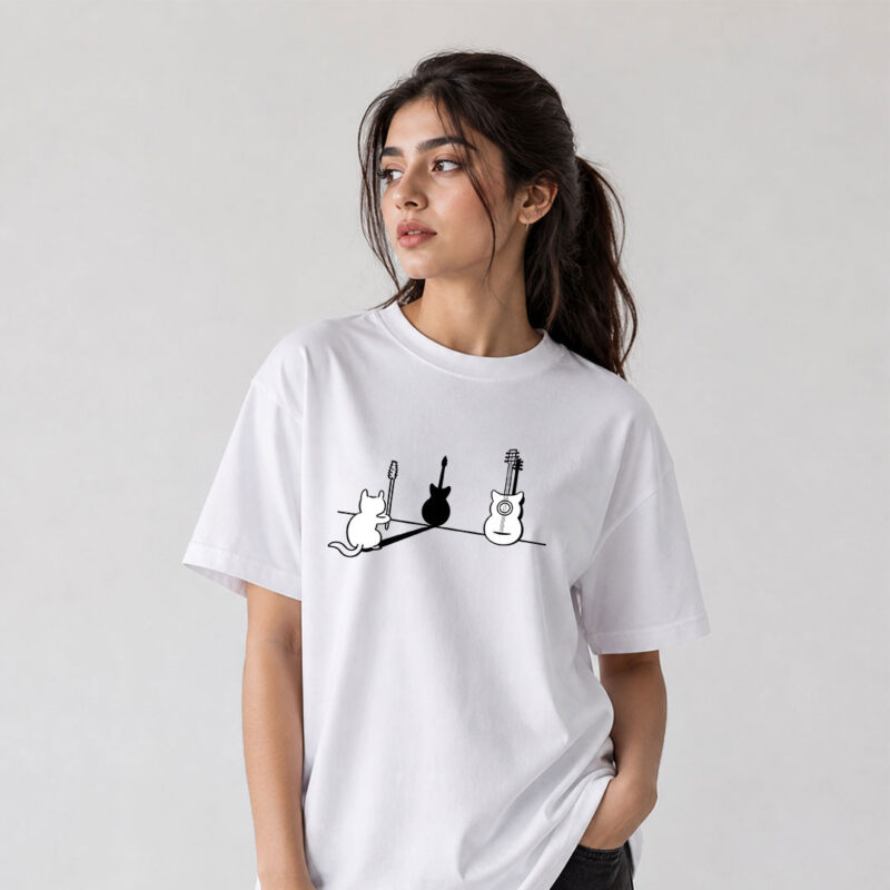 Cat & Guitar Minimal Graphic T-Shirt for Women