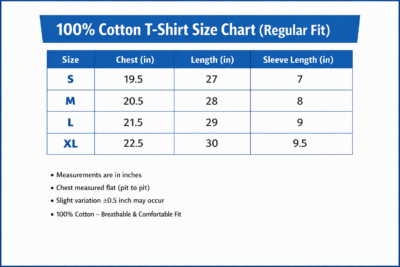 Size Chart Regular Fit T-Shirts