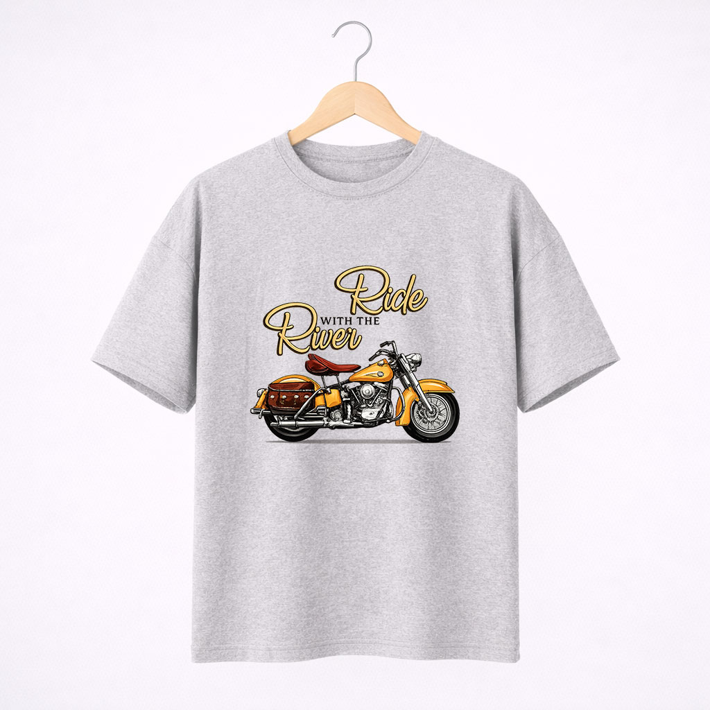 D-Grey-Front Ride with the River Motorcycle Graphic T-Shirt for Men